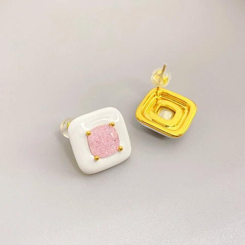 Square Enamel Stud Earrings With 925 Sterling Silver Earring Post 18K Gold Plated Brass Colorful Gemstone Fashion Women