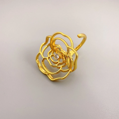 Verstellbarer Hohlblumenring 18K Vergoldetes Messing Zirkonia Offener Fingerschmuck Damen Elegante Blumenform