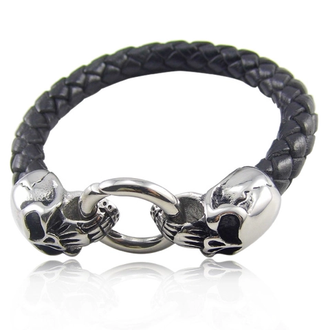 Bracciale Intrecciato Da Uomo In Vera Pelle Con Chiusura A Teschio In Acciaio Inossidabile Stile Punk Gothic