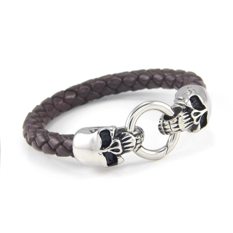Bracciale Intrecciato Da Uomo In Vera Pelle Con Chiusura A Teschio In Acciaio Inossidabile Stile Punk Gothic