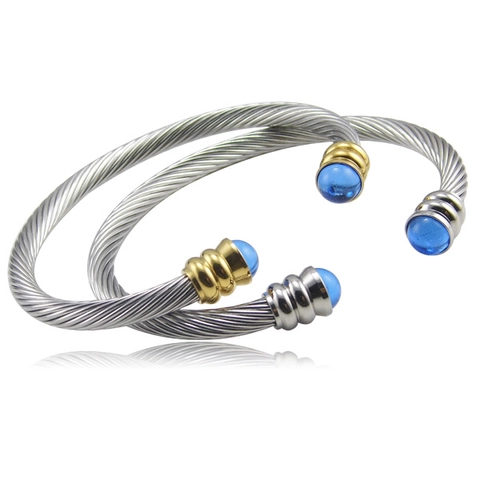 Brazalete De Cable De Acero Inoxidable Pulsera De Alambre Trenzado Con Piedras Sintéticas Azules Joyería Punk Unisex