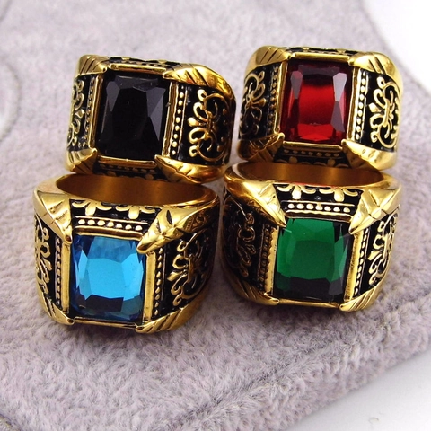 Bague Homme Rétro en Acier Inoxydable 316L Avec Pierre en Verre Rectangle Punk Gothique Gravé Or Argent Plaqué Bijoux