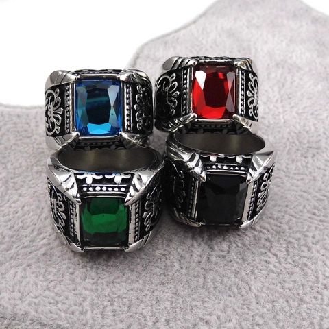 Bague Homme Rétro en Acier Inoxydable 316L Avec Pierre en Verre Rectangle Punk Gothique Gravé Or Argent Plaqué Bijoux