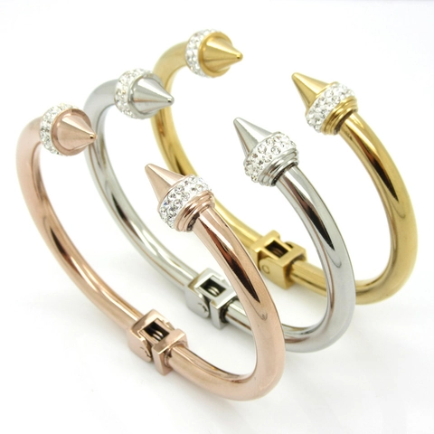 Punk Stainless Steel Spike Bangle With Rhinestone Accents Hinged Cuff Bracelet For Women Gothic Fashion Jewelry