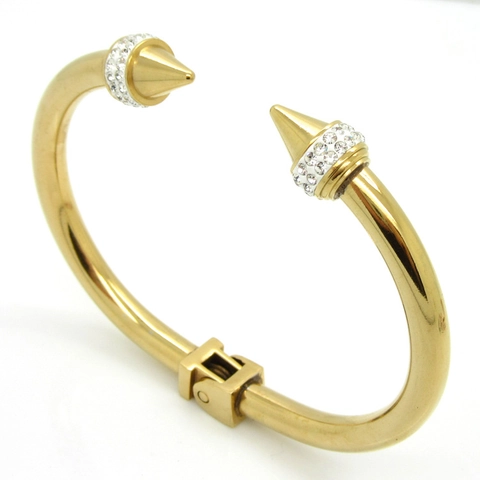 Punk Stainless Steel Spike Bangle With Rhinestone Accents Hinged Cuff Bracelet For Women Gothic Fashion Jewelry