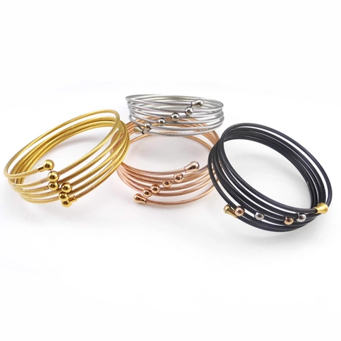 Stainless Steel Cable Twisted Wire Cuff Bangle Multi Layer Spiral Elastic Bracelet With Teardrop Ball Ends Fashion Punk Jewelry
