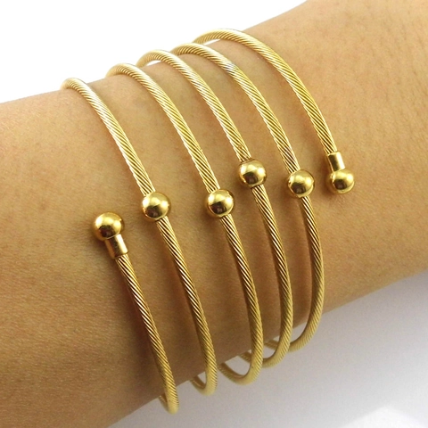 Stainless Steel Cable Twisted Wire Cuff Bangle Multi Layer Spiral Elastic Bracelet With Teardrop Ball Ends Fashion Punk Jewelry