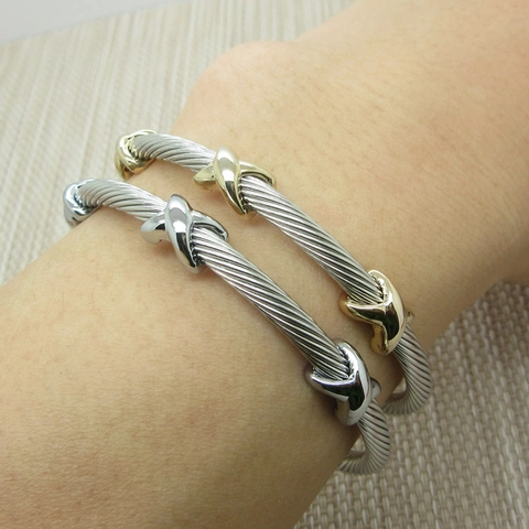 Bracelet Jonc Ouvert En Acier Inoxydable À Câble Torsadé Vintage Bicolore Charme Forme X Ajustable Unisexe