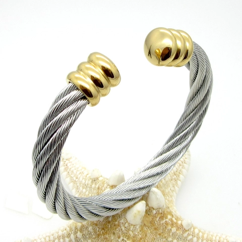Gevlochten Kabel Armband Roestvrij Staal Open Armring Tweekleurig Goud Zilver Uiteinden Trendy Streetwear Uniseks Sieraden