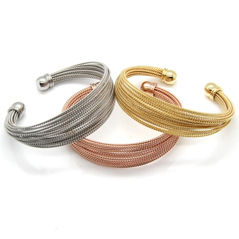 Bracciale Rigido Aperto In Acciaio Inossidabile Con Filo Intrecciato Design A Cavo Con Terminali A Sfera Elegante