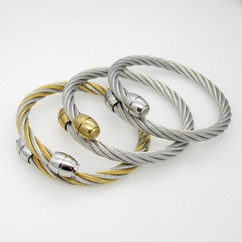 Twisted Cable Cuff Bracelet Titanium Steel Two Tone Open End Minimalist Bangle Jewelry For Men Women