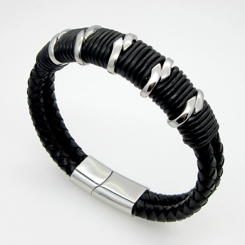 Pulsera Trenzada Para Hombre De Cuero Genuino Y Acero Inoxidable Tejido Multicapa Con Cierre Magnético Estilo Punk Rock