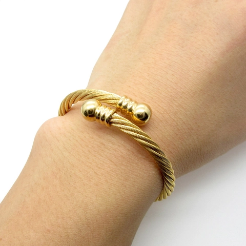 Twisted Cable Wire Cuff Bangle Stainless Steel Polished Ball Ends Open Adjustable Bracelet Minimalist Jewelry Unisex