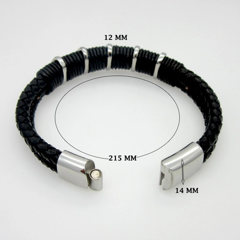 Pulsera Trenzada Para Hombre De Cuero Genuino Y Acero Inoxidable Tejido Multicapa Con Cierre Magnético Estilo Punk Rock