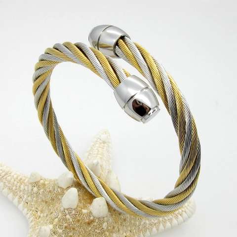 Twisted Cable Cuff Bracelet Titanium Steel Two Tone Open End Minimalist Bangle Jewelry For Men Women
