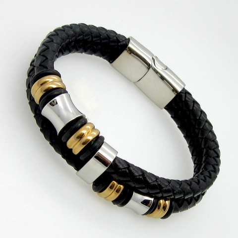 Bracciale Da Uomo In Pelle Intrecciata Con Chiusura Magnetica In Acciaio Inossidabile Gioielli Biker