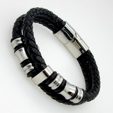Bracciale Da Uomo In Pelle Intrecciata Con Chiusura Magnetica In Acciaio Inossidabile Gioielli Biker