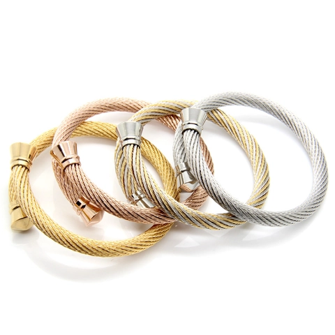 Bracelet Jonc Torsadé En Acier Inoxydable Ouvert Ajustable Fil Spirale Tissage Bijoux De Mode Pour Hommes Et Femmes