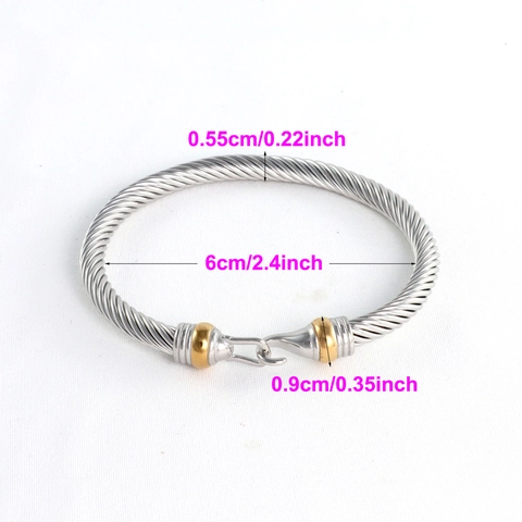 Bracelet Jonc Câble Torsadé En Acier Inoxydable Bicolore Or Argent Style Industriel Rétro Fermoir Crochet Bijoux