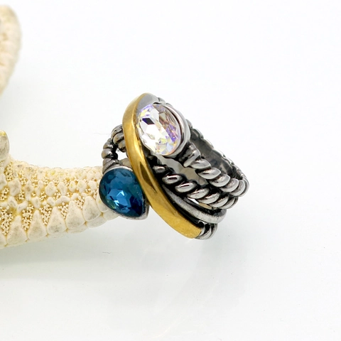 Bague Câble Torsadé en Acier Inoxydable Vintage pour Femme Couleur Mixte Or Argent Strass en Forme de Goutte d'Eau Bijoux Mode Cadeau