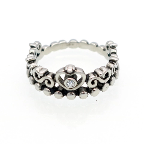 Vintage Crown Heart Ring 316L Stainless Steel Zircon Filigree Scrollwork Women Antique Silver Finish Fashion Jewelry