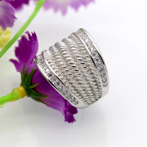 Brede Band Ring Legering Zirkonia Micro Pavé Gevlochten Touw Kabel Textuur Meerlaagse Statement Sieraden Voor Dames