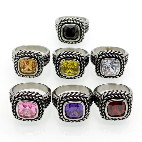 Bague Vintage en Acier Inoxydable 316L pour Hommes Femmes avec Zircone Colorée Carrée Incrustée Texture de Corde Vieilli Rétro Bijoux de Fête Bague de Doigt