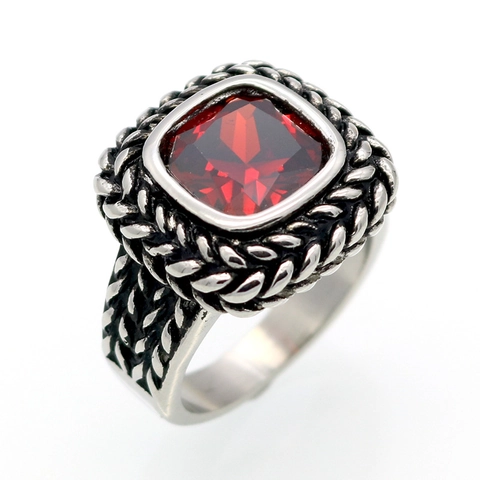 Bague Vintage en Acier Inoxydable 316L pour Hommes Femmes avec Zircone Colorée Carrée Incrustée Texture de Corde Vieilli Rétro Bijoux de Fête Bague de Doigt