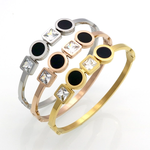 Bracciale Rigido Geometrico Acciaio Titanio Zirconia Cubica Pietra Quadrata Trasparente Disco Nero Chiusura A Cerniera Moda Coreana Donne Accessorio Lusso