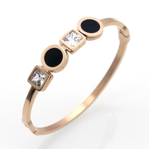 Bracciale Rigido Geometrico Acciaio Titanio Zirconia Cubica Pietra Quadrata Trasparente Disco Nero Chiusura A Cerniera Moda Coreana Donne Accessorio Lusso