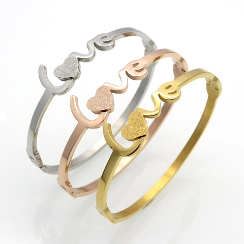Women's Stainless Steel Love Heart Bangle Bracelet Fashion Frosted Heart Letters Polished Clasp Bangle Gold Silver Jewelry
