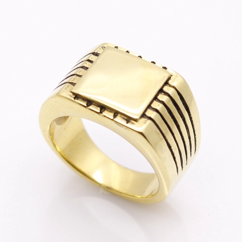 Men Square Signet Ring Stainless Steel Minimalist Plain Flat Top Parallel Grooved Sides Band Jewelry