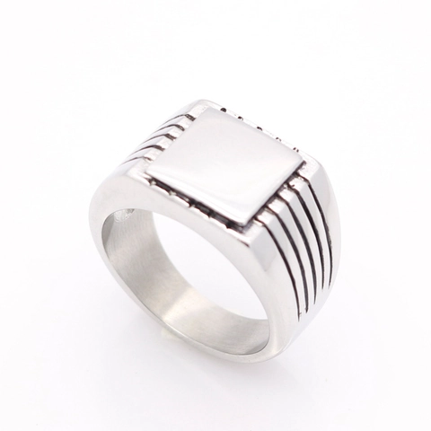 Men Square Signet Ring Stainless Steel Minimalist Plain Flat Top Parallel Grooved Sides Band Jewelry
