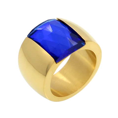 Geometric Wide Band Ring Stainless Steel With Rectangular Glass Stone Minimalist Polished Fashion Jewelry For Women