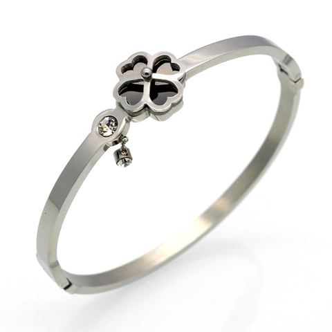Bracciale Rigido Quadrifoglio Acciaio Inossidabile Strass Zircone Chiusura A Cerniera Gioielli Di Moda Per Donna