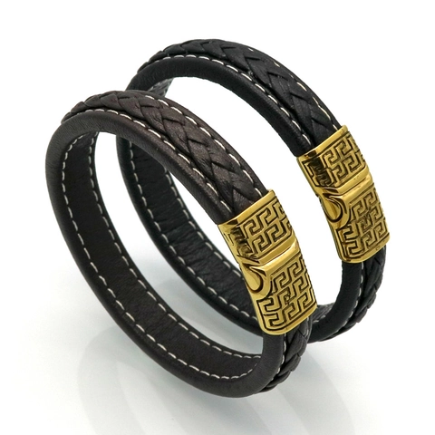 Men Braided Leather Bracelet With Meander Pattern Stainless Steel Magnetic Clasp Vintage Punk Bangle Wristband Jewelry