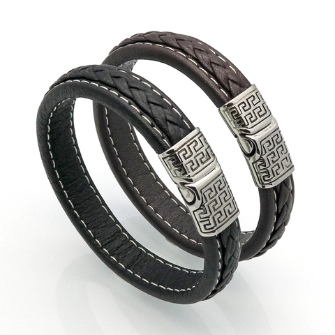 Men Braided Leather Bracelet With Meander Pattern Stainless Steel Magnetic Clasp Vintage Punk Bangle Wristband Jewelry