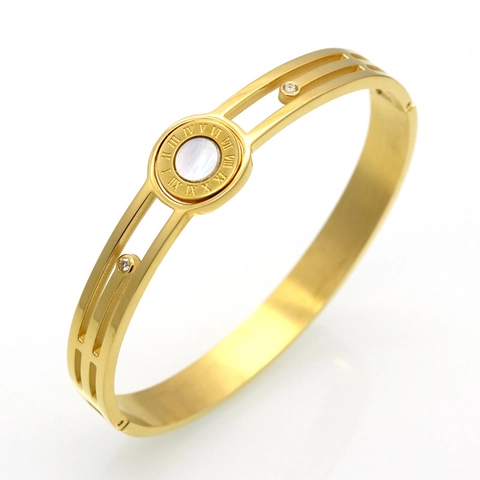 Bracciale Rigido In Acciaio Al Titanio Placcato Oro Numeri Romani Madreperla Agata Intarsiata Gioielli Da Donna