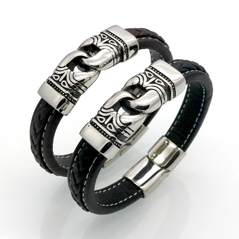 Men Braided Leather Bracelet Stainless Steel Magnetic Clasp Vintage Tribal Engraved Punk Style Jewelry For Boys