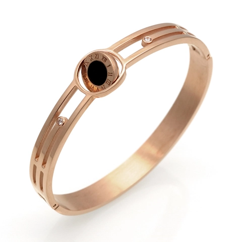 Bracciale Rigido In Acciaio Al Titanio Placcato Oro Numeri Romani Madreperla Agata Intarsiata Gioielli Da Donna