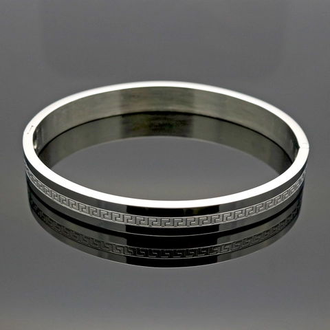 Bracelet Jonc En Acier Au Titane À Motif De Clé Grecque Bracelet Géométrique Gaufré À Fermoir À Charnière