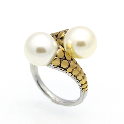 Double Artificial Pearl Bypass Ring Vintage 316L Stainless Steel Bicolor Gold Silver Scale Texture High Polish Open Finger Jewelry