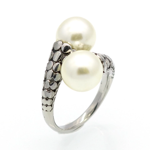 Double Artificial Pearl Bypass Ring Vintage 316L Stainless Steel Bicolor Gold Silver Scale Texture High Polish Open Finger Jewelry