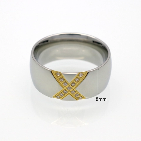 Anello Moderno Design a Croce a X in Acciaio Inossidabile 316L Fascia con Zirconia Oro Argento Bicolore Gioielli da Donna