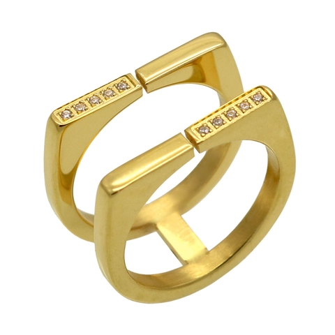 Double Layer Open Ring 316L Stainless Steel Geometric Square Inlaid Zircon Highly Polished Vacuum Plated Jewelry For Women