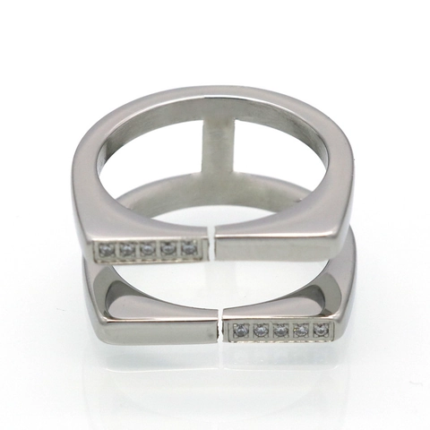 Double Layer Open Ring 316L Stainless Steel Geometric Square Inlaid Zircon Highly Polished Vacuum Plated Jewelry For Women