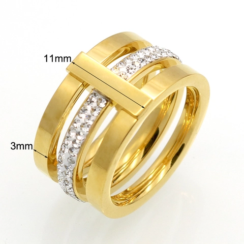 Multi Row Triple Layer Ring 316L Stainless Steel With Zircon Inlaid 18K Gold Plated Minimalist Geometric Band
