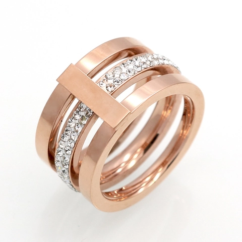 Multi Row Triple Layer Ring 316L Stainless Steel With Zircon Inlaid 18K Gold Plated Minimalist Geometric Band