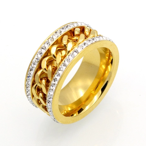 Bague Anneau de Luxe en Acier Inoxydable 316L Maille Gourmette pour Hommes Femmes Double Rangée Zirconium Strass Incrusté Mode Hip Hop Plaqué Or Argent