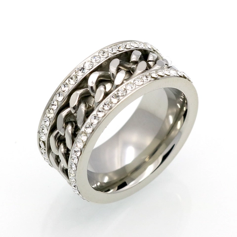 Bague Anneau de Luxe en Acier Inoxydable 316L Maille Gourmette pour Hommes Femmes Double Rangée Zirconium Strass Incrusté Mode Hip Hop Plaqué Or Argent